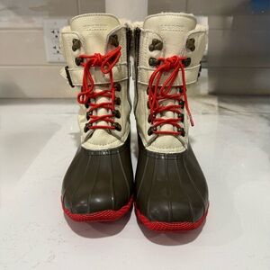 Women’s Sperry for J.Crew Shearwater Duck Boots, Size 8 – Cream/Green/Red